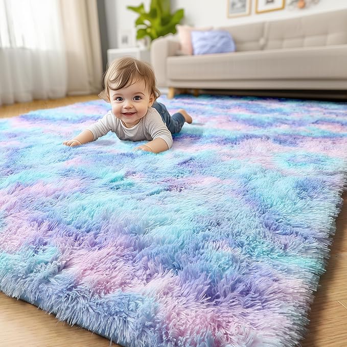 Amdrebio Blue Purple Rainbow Mermaid Rugs for Bedroom Girls Room Decor Aesthetic, 5x8 Fluffy Kawaii Area Rugs for Kids Room Nursery Dorm, Stitch Frozen Fuzzy Carpet, Cute Plush Furry Baby Toddler Rug