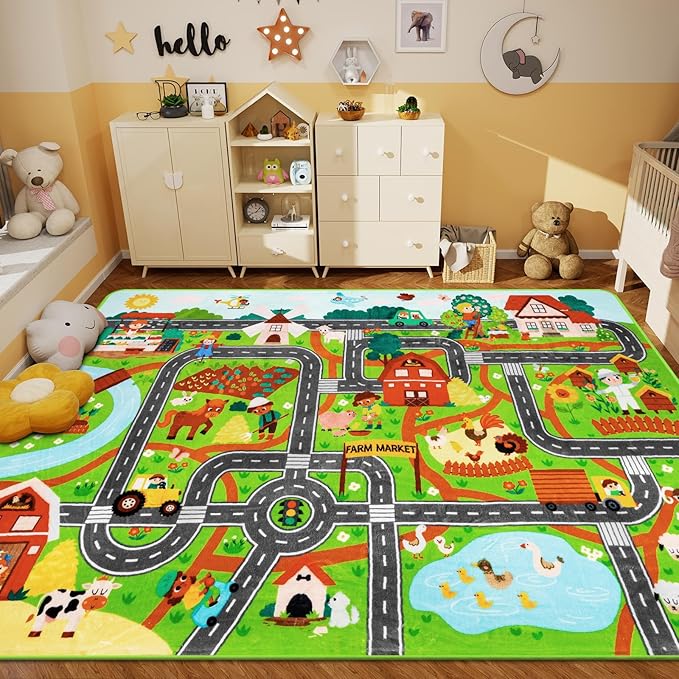 Kids Rug Play Mat for Toy Cars, 39.4" × 59" Farm Life Road Traffic for Playroom Kids Car Road Rugs Village Map Play Mat Non-Slip Washable Play Rug for Toddlers Boys Room Family Tummy Time Playtime