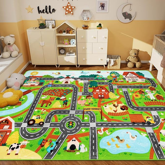 Kids Rug Play Mat for Toy Cars, 39.4" × 59" Farm Life Road Traffic for Playroom Kids Car Road Rugs Village Map Play Mat Non-Slip Washable Play Rug for Toddlers Boys Room Family Tummy Time Playtime