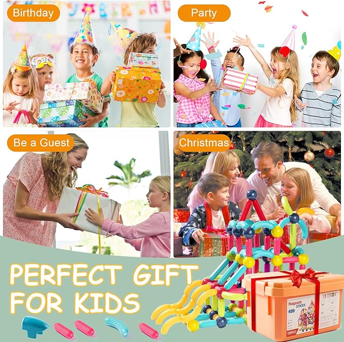 128Pcs Magnetic Blocks Kids Toys, Large Magnetic Building Sticks STEM Educational Sensory Toy Preschool Learning Montessori Toys for Toddlers Boys Girls Ages 3-8 with 2 Cars