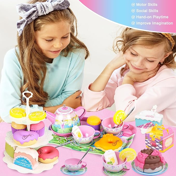 Tea Set for Little Girls,PRE-WORLD 50PCS Princess Tea Party Time Toy Including Dessert,Cookies,Doughnut,Teapot Tray Cake, Tablecloth & Carrying Case,Kids Kitchen Pretend Play for Girls Boys Age 3-6
