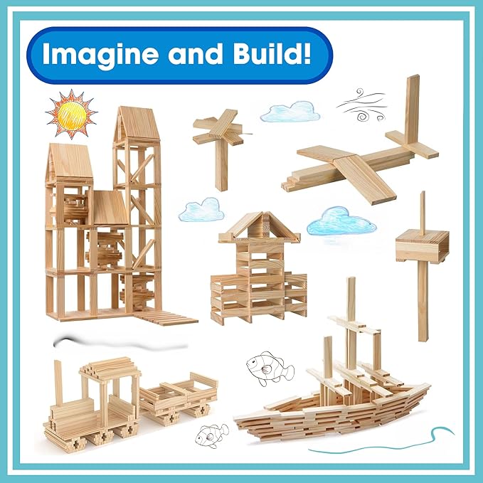Wooden Building Blocks Set - 200-Piece Plank Block Construction Toys, STEM Educational Wood Toy for Kids and Toddlers