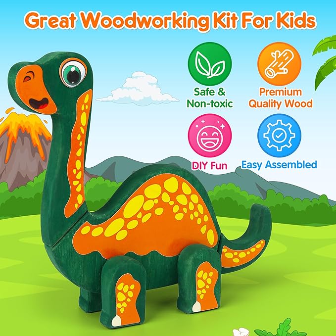 Mocoosy Wooden Dinosaur Painting Art Craft Kit for Kids 3-5, Wood Take Apart Dinosaur Snap Together Building Toy,Build Your Own Dinosaurs with Paint and Stickers STEM Game Creative Gift for Boys Girls