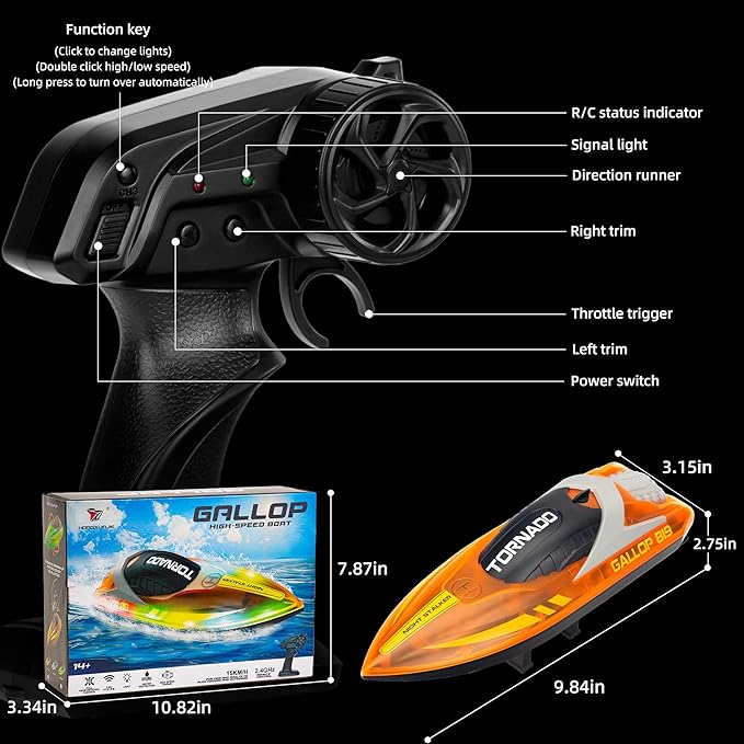 Remote Control Boats for 8-12, 15+ MPH Fast RC Boat with LED Lights, 2.4G RC Electric Speed Boats Pool and Lakes Toys for Kids