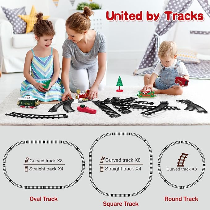 Christmas Train Set for Kids Remote Control Train with Smoke Light Sound, Steam Locomotive Railroad Carriages Rechargeable RC Toy Train, Gift for Boys and Girls