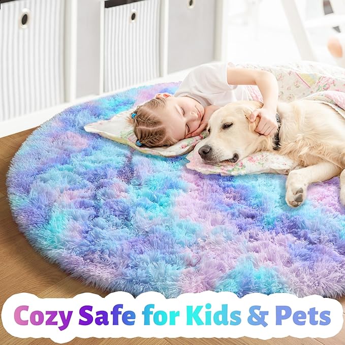 Amdrebio Purple Rainbow Round Rug 5Ft for Bedroom Girls Room Decor, Mermaid Stitch Frozen Kids Rugs for Playroom Nursery Dorm, Fluffy Fuzzy Cute Shag Carpet, Kawaii Circle Area Rugs for Baby Toddler