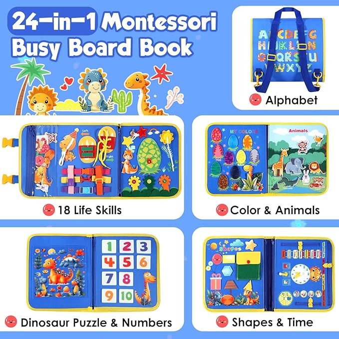 Blue Montessori Busy Board Book for Toddlers 1-3, Montessori Toys for 1-3 Year Old Boy Birthday Gift, Educational Quiet Activity Books for Toddlers, Airplane Car Travel Toys for Ages 1-3 2-4