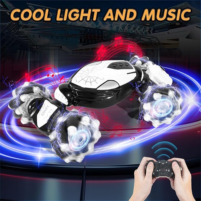 4WD Remote Control Gesture Sensor Car, Gesture Sensing Rc Stunt Car with Light & Music & Spray,for 6-12 Year Boys & Girls,Double Sided Drift Truck Off Road 360° Flips,Birthday for Kids