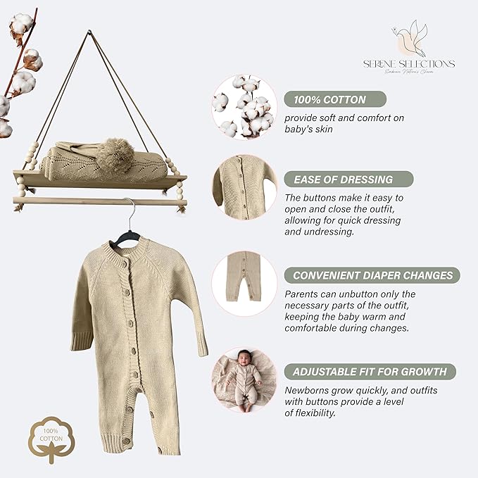 Knitted Newborn Gift Set – 100% Organic Cotton Baby Outfit & Blanket – Soft Coming Home Set (0-3M, 3-6M) – Cozy Infant Romper for Daily Wear & Photoshoot – Ropa para Bebé Recién Nacido