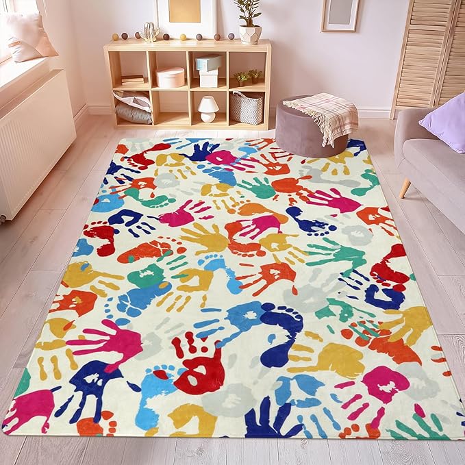 STARUIA Large Kids Rug for Playroom, 8'x10' Handprints and Footprints Colorful Rug for Classroom, Non-Slip Washable Rug for Nursery, Soft Throw Carpet Indoor Playmat for Kids Room Dorm Bedroom