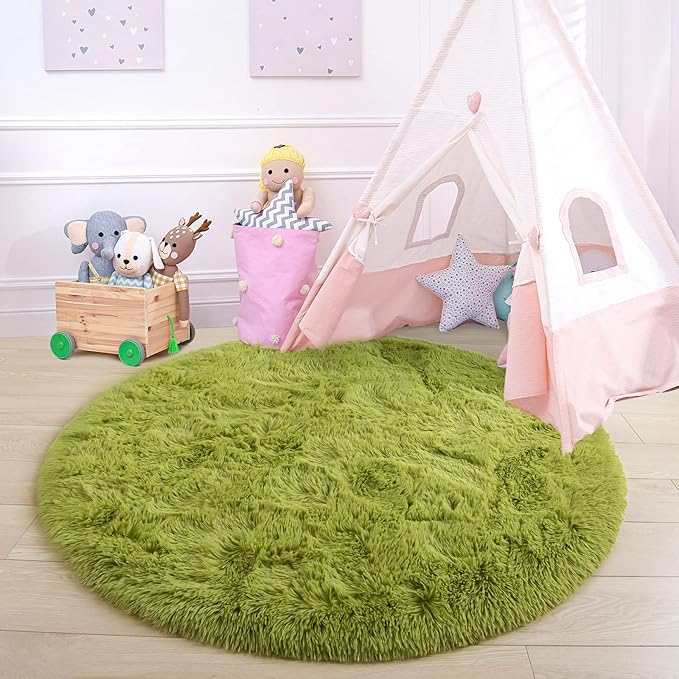 junovo Round Rug, 4ft, Green, Soft Area Rugs for Kids Girls Room Decor, Fluffy Shaggy Carpet, Circular Nursery Rug for Baby Room Home Decor