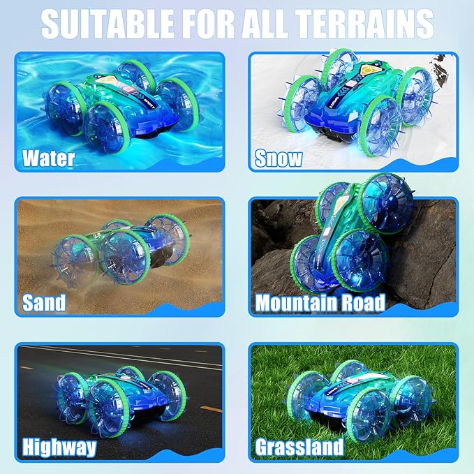 Amphibious Remote Control Car, 4WD Waterproof RC Stunt Car Toys with LED Lights, 360°Rotation RC Boat Water Beach Pool Toys for Boys, Christmas Birthday Gifts Toys for Kid Ages 4-7 8-12 Year Old