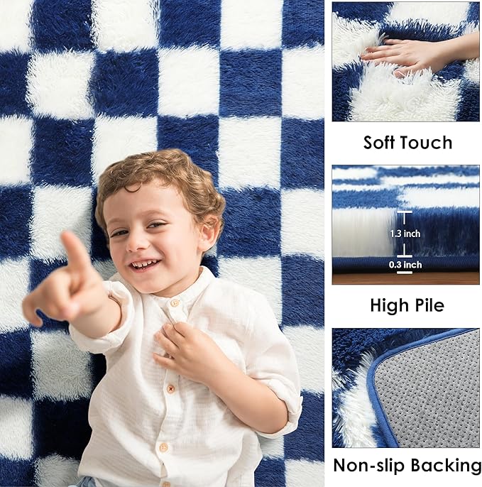KICMOR Living Room Rug 5x7 Checkered Fluffy Area Rug, Navy Blue and Cream White Fuzzy Shag Shaggy Bedroom Carpets, Soft Plush Indoor Floor Rug for Kids Boys Girls Room Nursery Playroom Home Decor