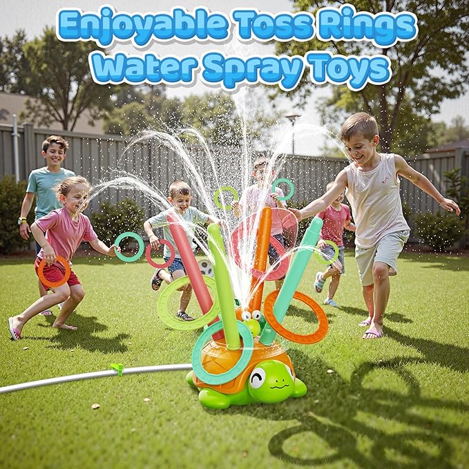4-in-1 Turtle Water Sprinkler Toys for Kids - Summer Oudoor Toy with Baseball Ringtoss Tubes - Outside Yard Lawn Backyard Park Garden Pool Games for Age 3 4 5 6 7 8 Year Old Toddlers Boys Girls Gifts
