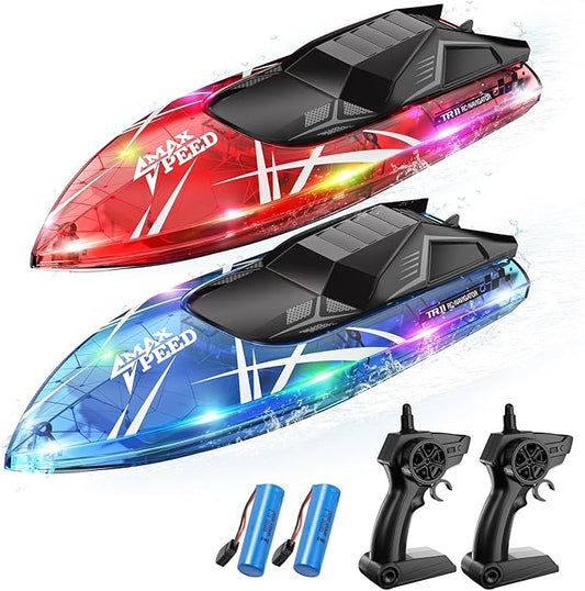 Remote Control Boat for Kids, 2Pack RC Boats with LED Lights for Pools Lakes River & Bathtub, 2.4Ghz Control, Whole Body Waterproof, 2 Rechargeable Batteries Summer Water Toys