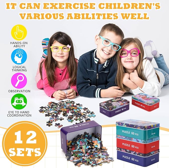 12 Boxes Party Favors Jigsaw Puzzles in a Metal Box for Age of 4-8, Wooden Puzzle for Ages 4-8 Boys and Girls Learning Educational Jigsaw Pieces Toys, 12 Styles(Novel)
