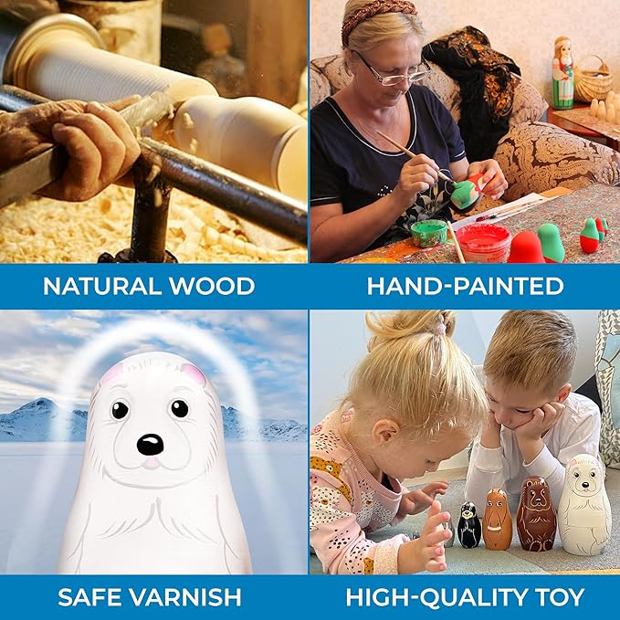 Wooden Animal Nesting Dolls Set of 7 pcs - Matryoshka Polar Animals Figurines - North American Animals Alaska Souvenirs