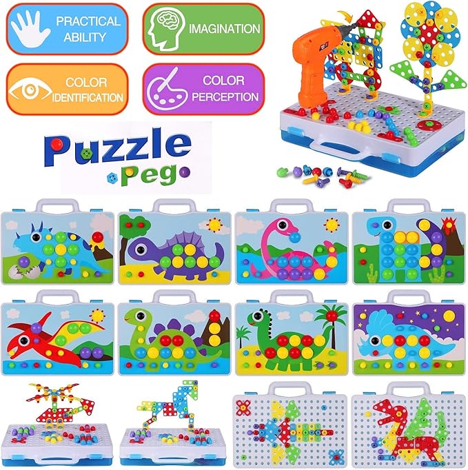 STEM Drill & Build Toy Set for Kids Ages 3-8 | 224-Piece Building Kit with Electric Toy Drill, Screwdriver, Pegboard | Educational Construction Toys for Boys Girls | Gift for Birthdays