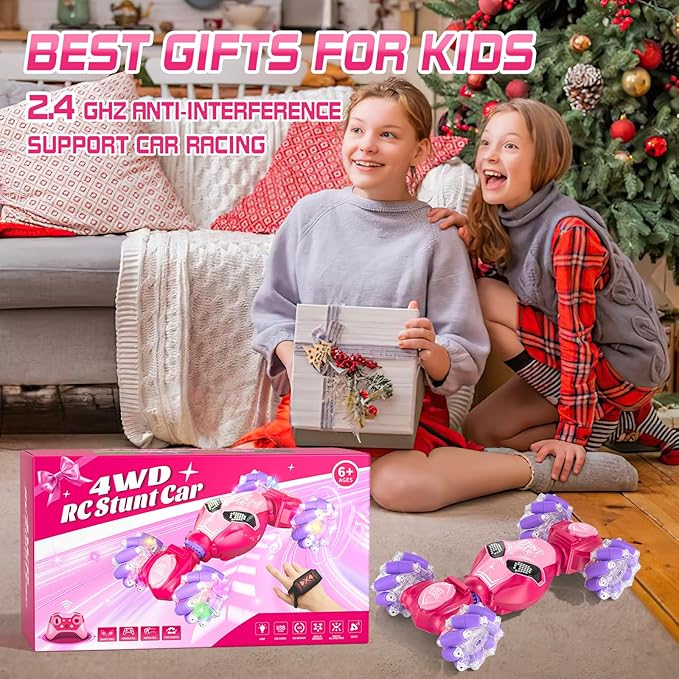 Axirata Gesture Sensing RC Stunt Car with Lights & Music for Girls Kids 6-12 Year Old 4WD 2.4GHz Hand Controlled Remote Control Car 360° Rotation Off-Road Toy Car Gift for Girls Kids(Pink)