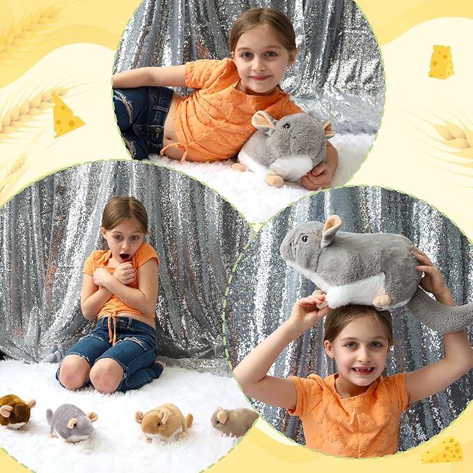 MorisMos 5 Pcs Rat Stuffed Animals, 19" Mom Mouse with 4 Babies, Realistic Stuffed Rat Plush Toys for Kids, Boys, Girls