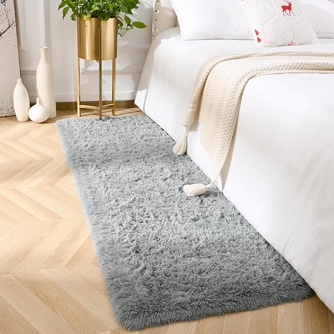 Amearea Shag Fluffy Runner Rug for Bedroom Girls Living Room, 2x6 Feet Extra Soft and Fuzzy Shaggy Rugs, Non Slip, Indoor Floor Long Carpet Mat for Boys Nursery Home Decor, Grey