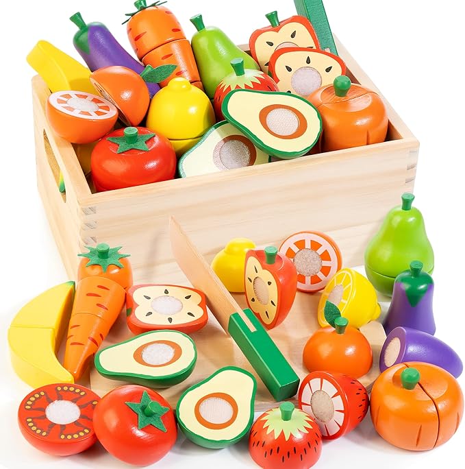 Wooden Play Food for Toddlers, Velcro Fruit and Veggies Cutting Set for Kids, Pretend Food Play Kitchen Accessories for 3 4 5 6 7 Years Old Boys & Girls