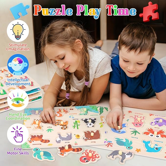 Toddler Puzzles Montessori Toys for 3 4 5 Years Old, 6 PCS Wooden Puzzles for Kids Ages 4-6 - Learning Alphabet, Numbers, Shapes and Animals, Educational Toys Puzzle Gifts for Girls Boys