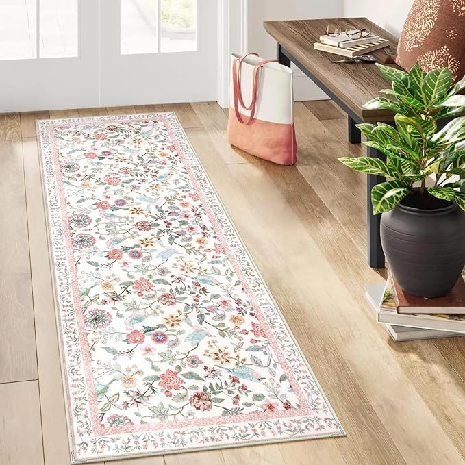 Floral Washable Runner Rug, 2x6 Pink Rug Runners for Hallways Non-Slip, Soft Low Pile Flower Birds Bathroom Runner Rug Botanical Throw Carpet for Kitchen Laundry Entryway Porch