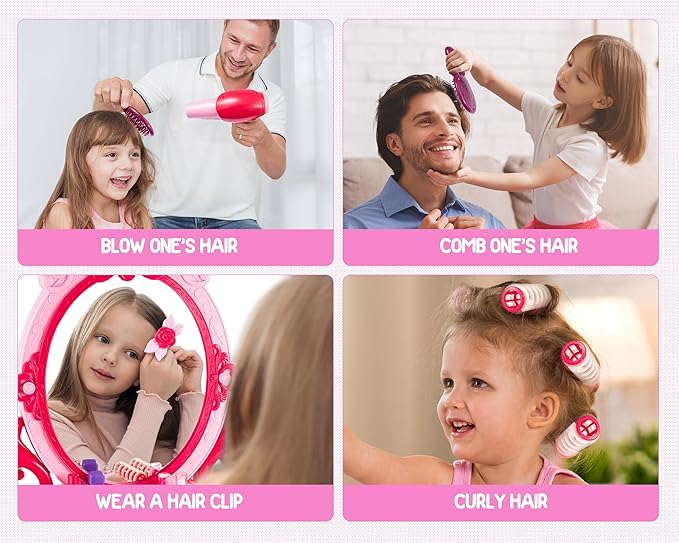 Toddler Vanity Makeup Table Toy with Mirror&Chair，Kids Vanity Set with Light&Music、Pretend Play Makeup Accessories with Hair Dryer Toy，Gift for Girls and Toddlers2 3 4 5 6Years Old