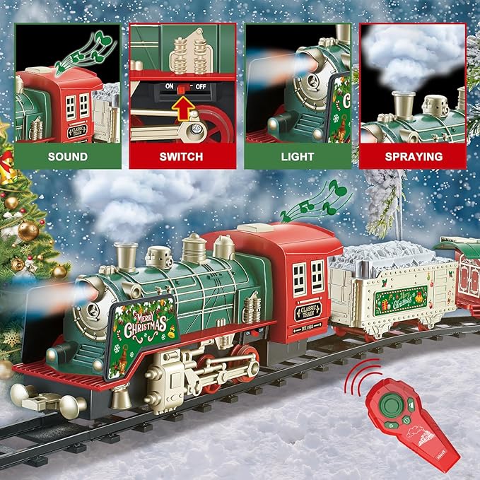 JUQU Christmas Train Set with Remote Control, Smoke, Whistle & Lights, Perfect for Around the Tree, Boys' Toy Train Set, Ages 3-8