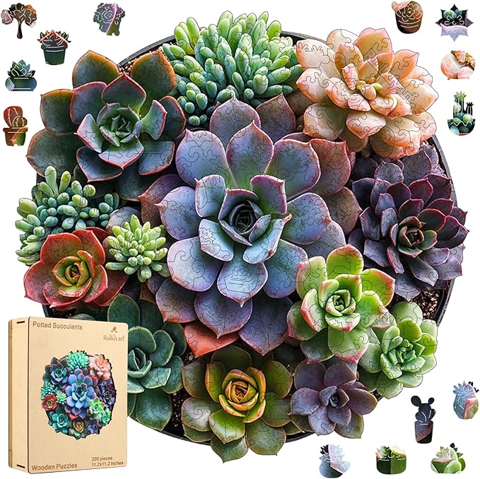 Succulent Wooden Puzzle Adult,200 Pieces Round Mandala Plants Puzzles,Extra Thick 5MM,Unique Shaped Liberty Jigsaw Puzzles for Adults and Kids, Family Game,Birthday Gifts,11.2x11.2 Inches