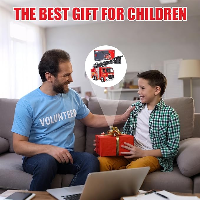 AISYAH RC Fire Engine Truck - Remote Control Fire Truck Toy with 12-Inch Ladder and Lights and Sirens, Best Gift Toy for Boys Girls