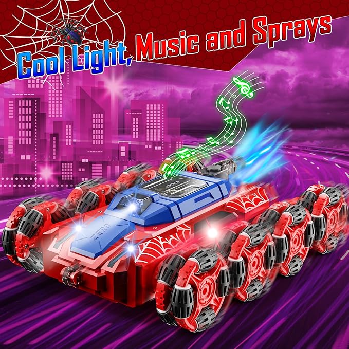 Spider Remote Control Cars Toys, 8WD Off Road Stunt Car with Gesture Sensing, Drift RC Car with LED Light, Music and Spray, Toys Gifts for 6 7 8-12 Years Old Boys Girls (Red)
