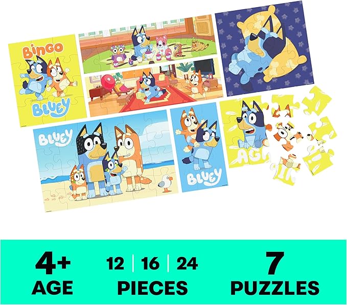 Spin Master Games, Bluey Puzzles 7-Pack, Wooden Jigsaw Puzzles for Preschoolers, 12, 16, & 24 Pieces, Storage Tray, Bluey Toys, Easter Basket Stuffers, for Ages 4 & Up