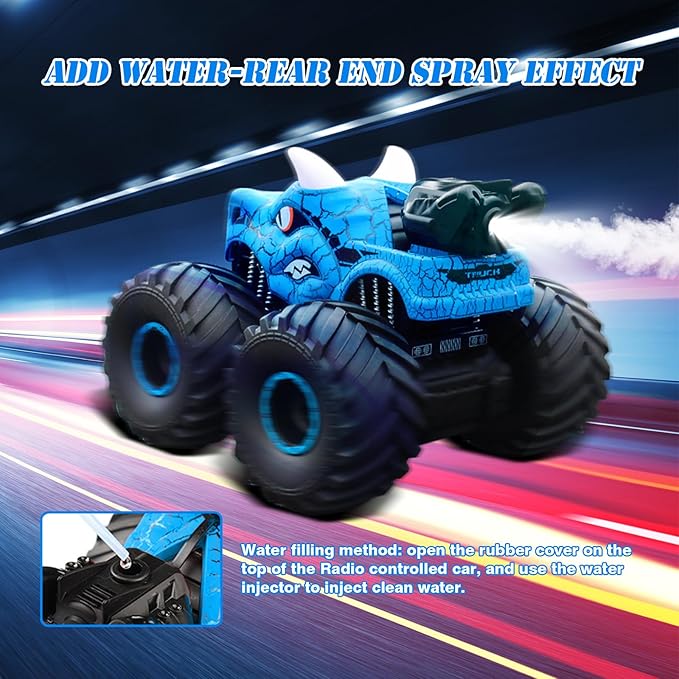 Remote Control Monster Truck, 2.4GHz RC Cars with Light, Sound & Spray, Monster Trucks for Boys Girls, All Terrain Dinosaur Toys with 4 Batteries, Festive Birthday Gifts