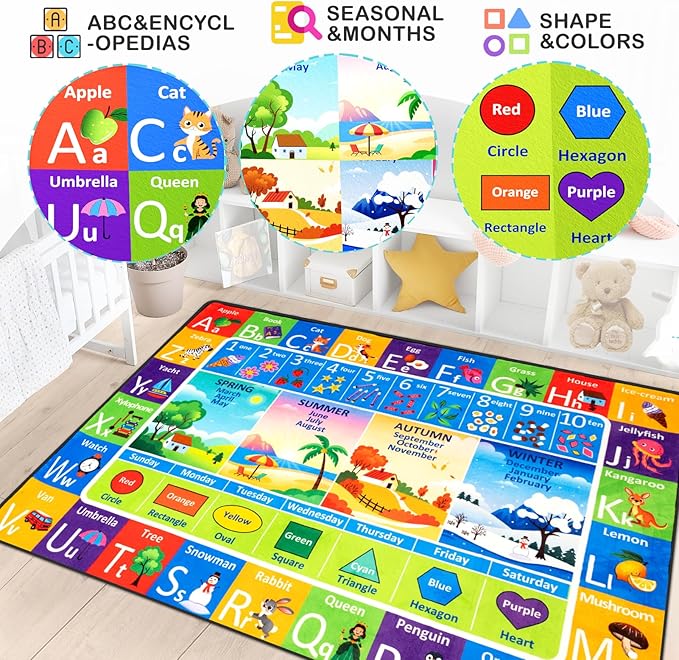 ABC Rug for Kids Playroom, Alphabet Rug 4x6 Feet, Washable Play Mat Non-Slip ABC Mat Classroom Carpet for Learning Letters, Animal, Shape, Color, Nursery Toddler Play Room Decor