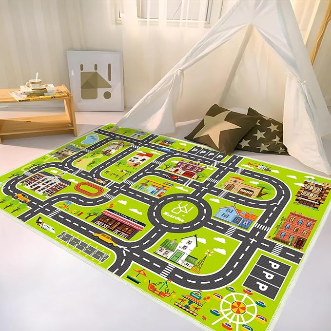 Kids Carpet Car Tack Rug Great for Kids Enjoy City Life- Play Learn Safely and Non Slip- Children Educational Road Rug Traffic Play Mat for Nursery Playroom Classroom（Greem02, 7'10" x 5'3"