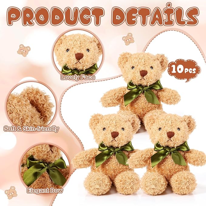 HyDren 6 Pcs Bear Stuffed Animal Plush Toys Soft Plush Dolls Bear Sleeping and Playing Toys for Baby Shower Decoration Boy(Fuzzy Style,Brown)