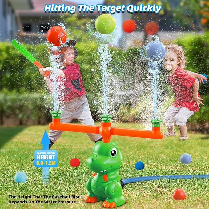 VATOS Water Sprinkler Baseball Outdoor Toy for Kids, 4 in 1 Dinosaur 360° Spin Sprinkler Water Tee-Ball & Ball, Summer Fun Play Games Outside Backyard Yard Garden Lawn for Toddlers Boys Girls