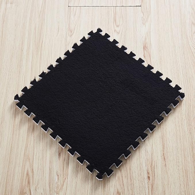 Interlocking Carpet Shaggy Soft EVA Foam Mats Fluffy Area Rugs Protective Floor Tiles Exercise Play Mat for Children Kids Room Home Parlor Bedroom (12 pcs, Black)