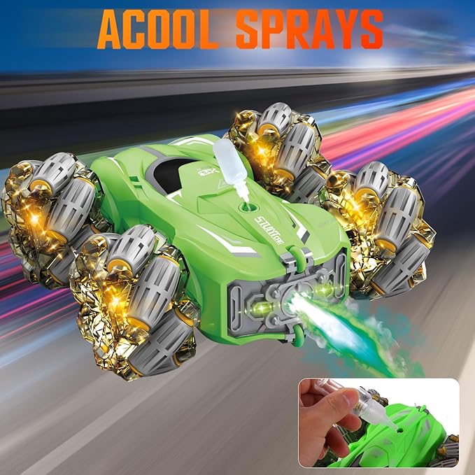 Remote Control Car, 10-in-1 Functions 2.4GHz Clectric Racing Stunt Car, Double-Sided 360°Rrolling Rotation, Spray Music 4WD High-Speed Off-Road Suitable for 6 7 8-12 Years Old boy Toys (Green)