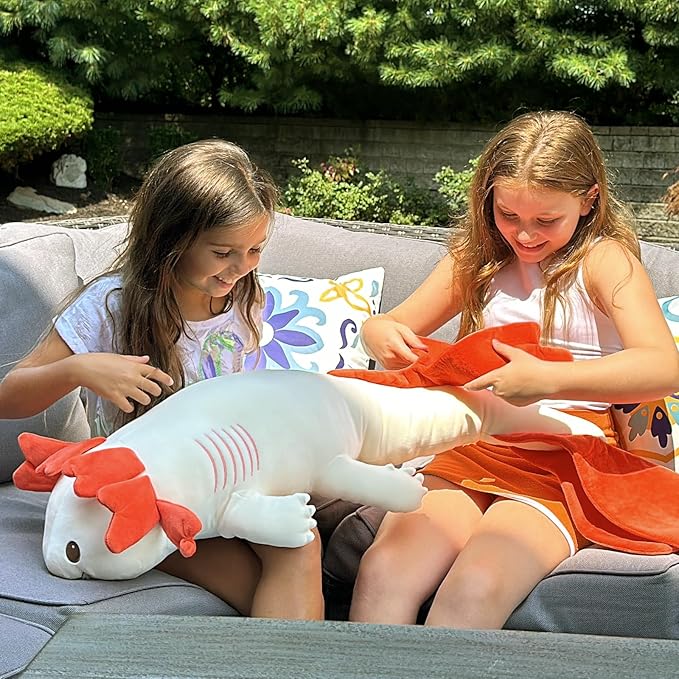 Axolotl Stuffed Animals Long Body Throw Pillow, Giant Love Heart Salamander Plush Bolster Body Pillow, Christmas Birthday Valentines Gift for Sider Sleeper Kids Girls Boys Adults