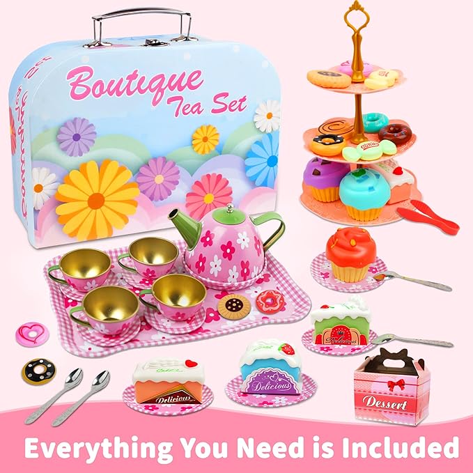 SMILESSKIDDO 46pcs Tea Party Set for Little Girls - Princess Tea Party Set,Kids Kitchen Pretend Play Toys - Toddler Tea Party Sets for Girls 3-5, Girls Tea Party Set Gift for 3 4 5 6 7 8 Girl(Flower)
