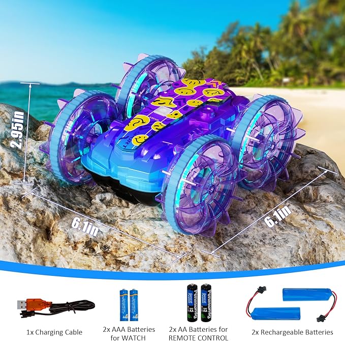 Amphibious Remote Control Car, 4WD Waterproof RC Stunt Car Toys with LED Lights, 360°Rotation RC Boat Water Beach Pool Toys for Boys, Christmas Birthday Gifts Toys for Kids Ages 4-7 8-12 Year Old