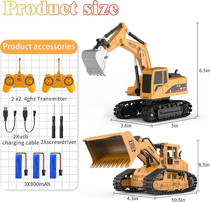 AISYAH Remote Control Excavator and Construction Bulldozer Toy Set - RC Construction Vehicles Toy with Barricades, Road Signs, Simulated Rocks, Lights and Sounds, Present for Toddlers 6-12 Year Kids