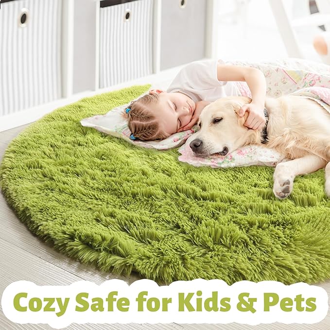 Amdrebio Grass Green Round Rugs 6Ft for Living Room Bedroom Decor Aesthetic, Large Fluffy Shaggy Circle Area Rug for Kids Playroom Baby Nursery, Big Soft Shag Fuzzy Modern Cool Floor Circular Carpet