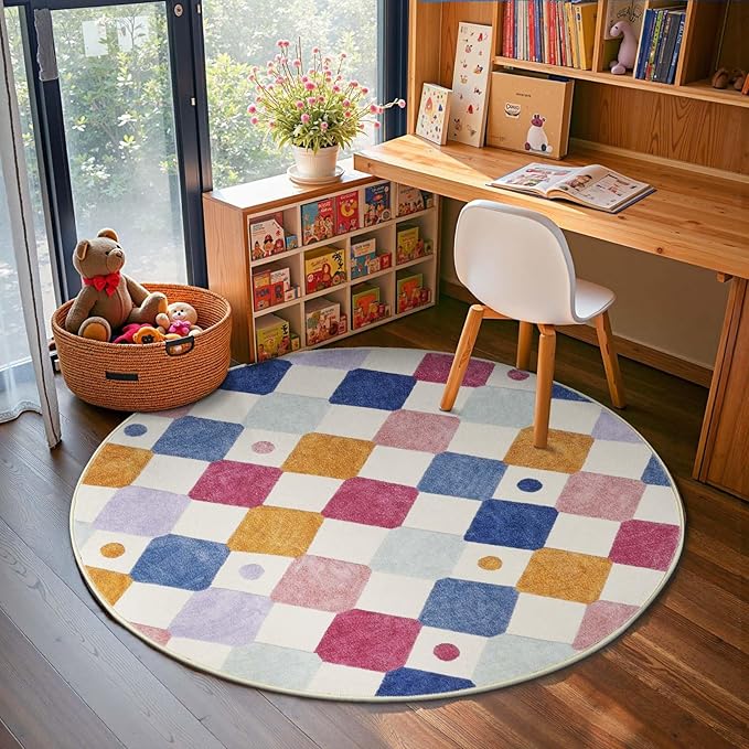 jinchan Round Rug 4ft Kids Washable Rug Colorful Trellis Indoor Floor Cover Non Slip Soft Modern Living Room Diamond Carpet for Nursery Room Bedroom Playroom Berries on Cream