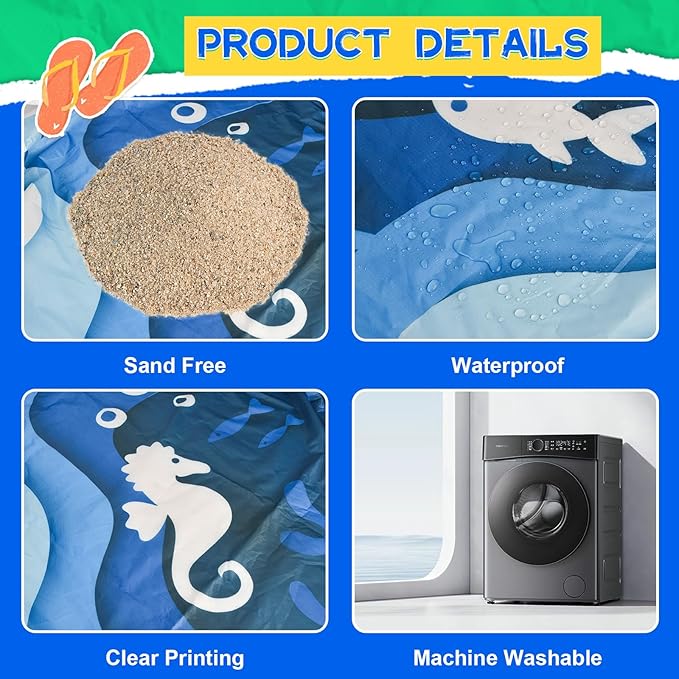 Square Baby Beach Pool, 6.5 X 6.5Ft Portable Cartoon Ocean Theme Toddler Beach Puddle, Waterproof Sandproof 2 in 1 Cute Toddler Paddling Pool Beach Blanket with Carrying Bag for Boys Girls