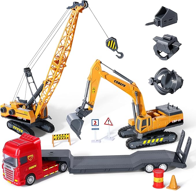 Kids Construction Toys for Boys, Excavator and Crane Trucks, Semi Truck Trailer Lowboy Tractor, Construction Playset for Toddlers, Gift for 3 Years Old and Up, Ideal Birthday Party Favor