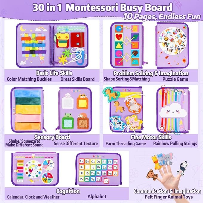 Esjay Toddler Busy Board, Montessori Toys Busy Book, Sensory Board Birthday Gifts for Girls Boys, Learning Educational Toy for Fine Motor Skills, Travel Activities for Airplane Car